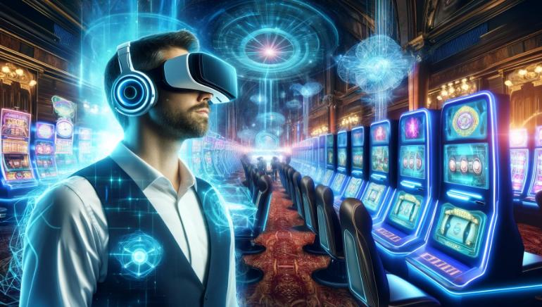 虚拟赌场及戴着VR眼镜的玩家